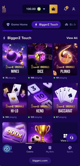 The image shows the BiggerZ Touch mobile gambling app interface, featuring "BiggerZ Originals" games like Mines (76 playing), Dice (199 playing), Plinko (101 playing), Hi-Lo (100 playing), Keno (123 playing), and Baccarat (67 playing). The screenshot supports the post's claim of addiction to BiggerZ, highlighting its variety of games as an alternative to Shuffle.