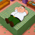 An animated man in a white shirt and dark green pants lies on his back across a green patterned bed or rug.