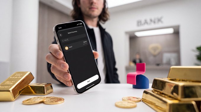 A person holding a smartphone displaying a digital currency transfer from 'HMSTR', surrounded by gold bars and coins in a bank setting.