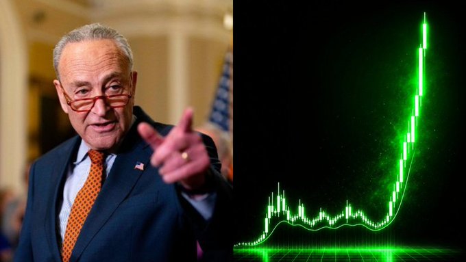 Senate Minority Leader Chuck Schumer points toward the camera beside a green cryptocurrency chart showing a dramatic upward spike, visually tying the news of Democrats backing the CLARITY Act to the projected $30 trillion crypto market surge.