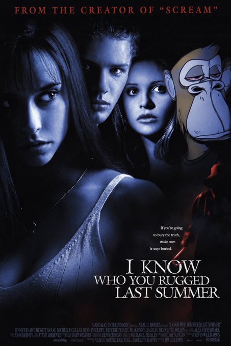 A movie poster for 'I Know What You Did Last Summer' featuring the tagline 'FROM THE CREATOR OF SCREAM' with a monkey illustration edited into the upper right corner.