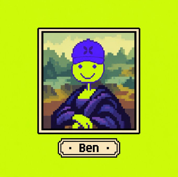 A pixel art character portrait styled like the Mona Lisa, featuring a yellow smiling face wearing a purple beanie, with the name 'Ben' displayed in a label below.