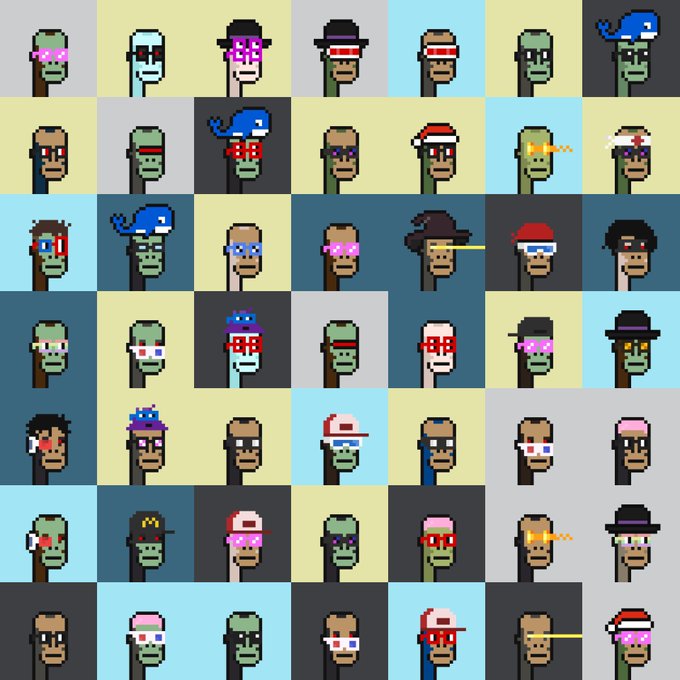 The image features a grid of 20 different cartoon characters, each wearing unique hats and glasses. The characters are arranged in rows and columns, creating a visually appealing pattern that resembles a chessboard or checkerboard design. The colors used for the characters vary, adding diversity to the overall appearance of the image. The post encourages users to enter their email address and follow it with the hashtag #CNC_NFTs to receive updates on winning entries in the contest.