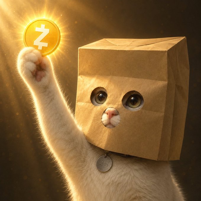 A white cat wearing a brown paper bag over its head triumphantly holds up a glowing gold Zcash (ZEC) coin, wearing a collar tag marked "Z." The image ties to the announcement that ZCAT has distributed over $11 million in ZEC to holders just 23 days after launch on Solana, visually capturing the project's celebratory milestone.