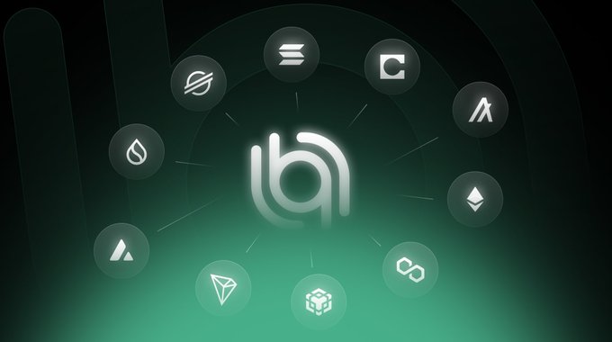 A digital graphic featuring a central glowing logo surrounded by circular icons representing various cryptocurrency symbols, including Ethereum, Solana, and Bitcoin.