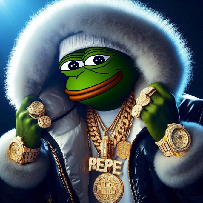 A digital artwork of Pepe the Frog dressed in fur-trimmed winter clothing and adorned with multiple gold chains, rings, watches, and a large pendant reading 'PEPE' above a Bitcoin coin.