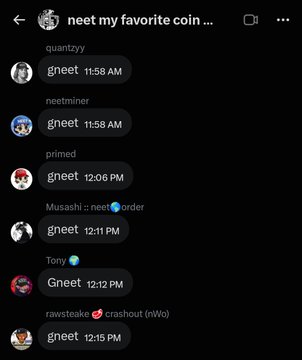 The image shows a group chat titled "neet my favorite coin" where members with usernames like gneet, Gneet, and others greet each other with messages like "quantziy," "neetminer," "primed," "Tony," and "rawsteake 💀 crashout (nWo)" between 11:58 AM and 12:15 PM. This relates to the post by showcasing members of the $neet (gneet) community actively interacting in the X group chat, demonstrating the engaged community being promoted alongside $Buttcoin (gbutt) and $Jotchua (gjotchua).