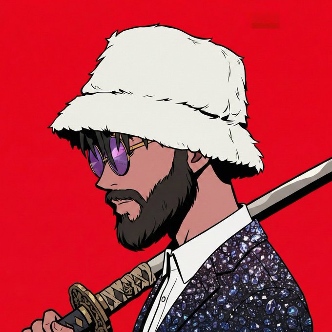 An anime-style illustration of a bearded man wearing a white furry hat, purple sunglasses, and a sparkling sequined jacket against a bright red background, holding a sword.