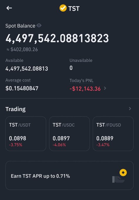 The image displays a TST token portfolio on what appears to be Binance, showing a Spot Balance of 4,497,542.08813823 TST (≈$402,080.26) with an average cost of $0.15480847, a today's PNL of -$12,143.36, and current trading prices of $0.0898 (TST/USDT), $0.0897 (TST/USDC), and $0.0889 (TST/FDUSD), all down 3-4%. This visualizes the post's claim about someone who held onto their TST bag from a 2-year-old buy-in—now sitting on a substantial unrealized loss from the $0.15 average cost, with the current sub-$0.09 price reflecting the downside risk of not selling near the top.