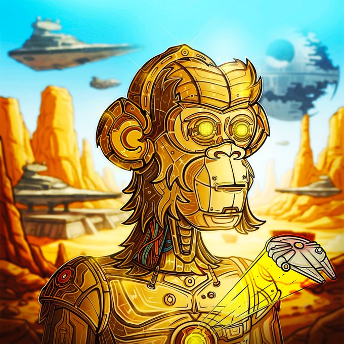 A digital illustration of a golden robotic monkey with glowing yellow eyes in a sci-fi desert landscape with spaceships and a Death Star-like sphere.