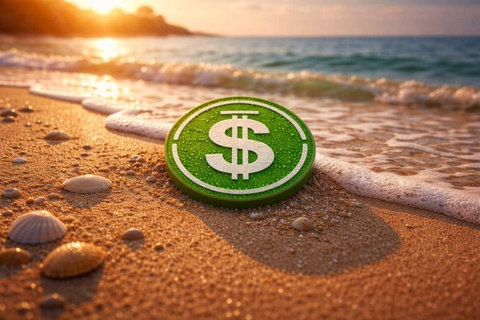 A green coin-like object embossed with a white dollar sign rests on wet sand at the edge of the ocean during a sunset.