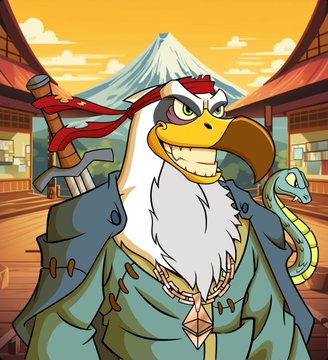 A cartoon illustration of an anthropomorphic eagle dressed as a samurai with a sword on its back and a green snake companion, set against a Japanese village with Mount Fuji in the background.