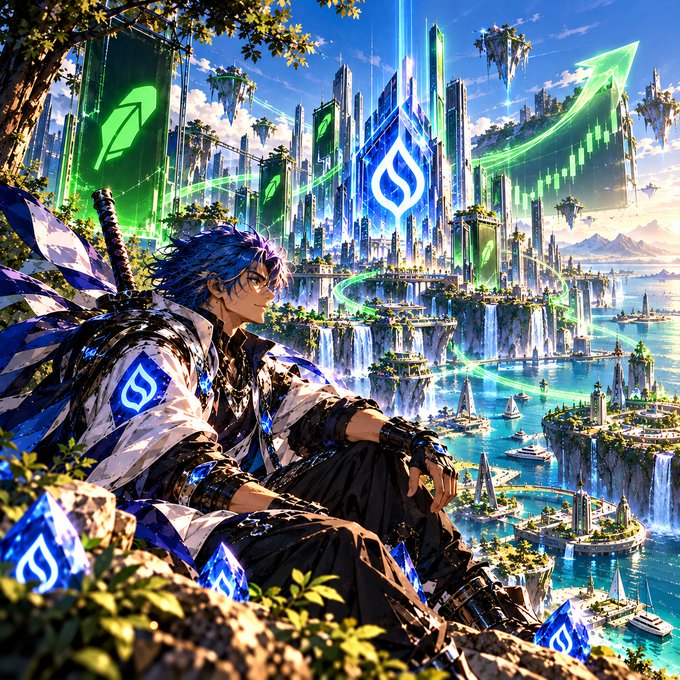 An anime-style illustration of a blue-haired swordsman in white and black clothing sitting on a rocky ledge overlooking a futuristic floating city with crystal formations and rising green financial-style arrows.