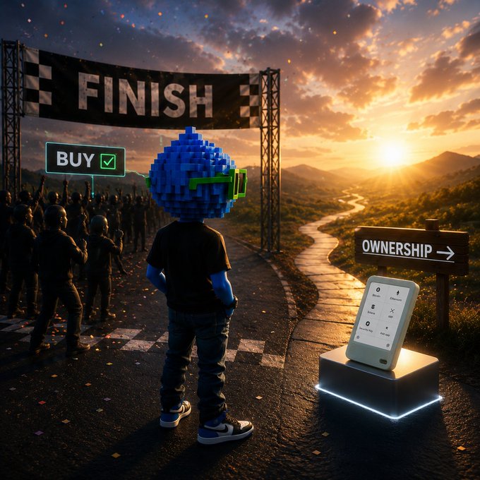 A digital art scene showing a blue pixelated character standing at a 'FINISH' line banner, with a 'BUY ✓' sign, a smartphone on a pedestal, and an 'OWNERSHIP' sign pointing right, set against a sunset landscape.