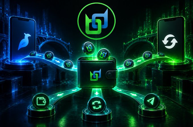 A futuristic digital illustration showing two smartphones with sync icons connected by glowing green pathways to a central wallet, with icons for transfers, wallets, and Telegram at the bottom against a neon green and blue cityscape.