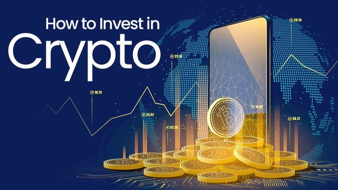 Thumbnail-style graphic titled "How to Invest in Crypto" featuring a smartphone, a pile of gold Bitcoin coins, and a stylized world map with financial chart overlays.