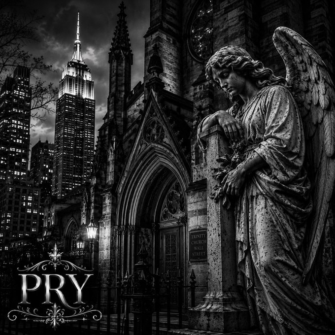 A dramatic black-and-white image of an angel statue resting on a stone column near a Gothic church, with the Empire State Building illuminated in the background and the word "PRY" displayed at the bottom.