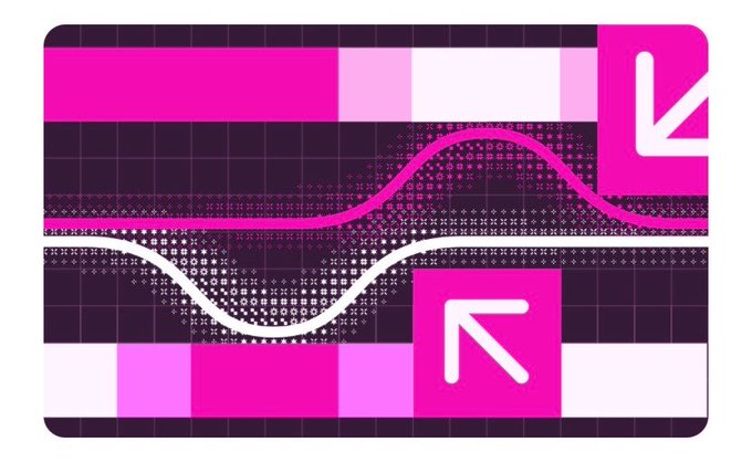 An abstract digital graphic with a pink and black color scheme featuring pixelated waveforms, grid patterns, and two white arrow icons in pink squares pointing in opposite diagonal directions.