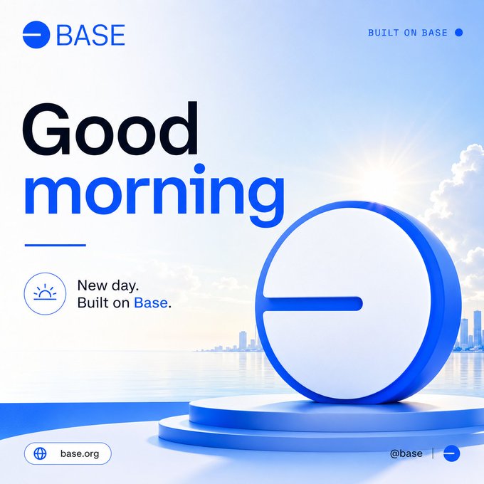 The image features a blue circle with a white sun inside of it, which appears to be a logo for Base. The text "Good Morning" is written above the circle, and there are two lines of text below it that read "New day Built on base!". This suggests that Base is promoting a new day or a new beginning in the world of cryptocurrency.