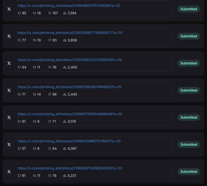 A list of 7 submitted X (Twitter) posts from user @johnking_eth, each tagged with the $s=20 hashtag and displaying engagement metrics ranging from 57–85 replies, 9–16 retweets, 64–107 likes, and 1.8K–7.3K views, matching the post's reference to submitting entries for Axis Robot's Epoch 2 yapping campaign.