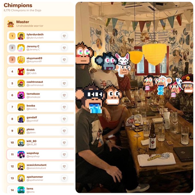 A screenshot of a Chimpions app leaderboard showing 8,770 champions, paired with a photo of people at a table with pixel-art animal faces covering their faces.