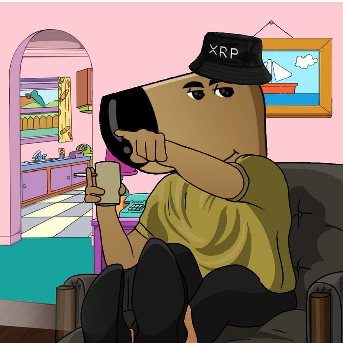 A cartoon character wearing a black cap with 'XRP' text sits on a couch, holding a glass and gesturing with its other hand in a colorful living room setting.