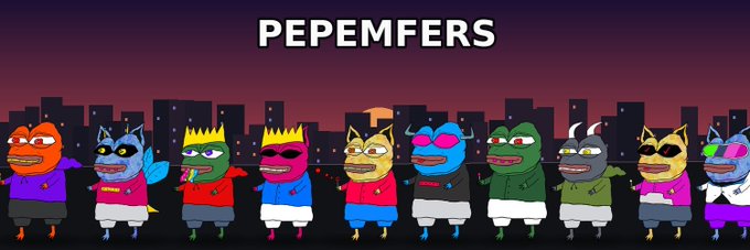 The image displays a banner titled "PEPEMFERS" featuring a lineup of cartoon Pepe the Frog characters dressed as various Star Trek crew members against a city skyline backdrop. This promotional artwork ties into the post's giveaway announcement, which offers 5 guaranteed and 25 first-come-first-served spots for a free mint by Sant0s_eth.