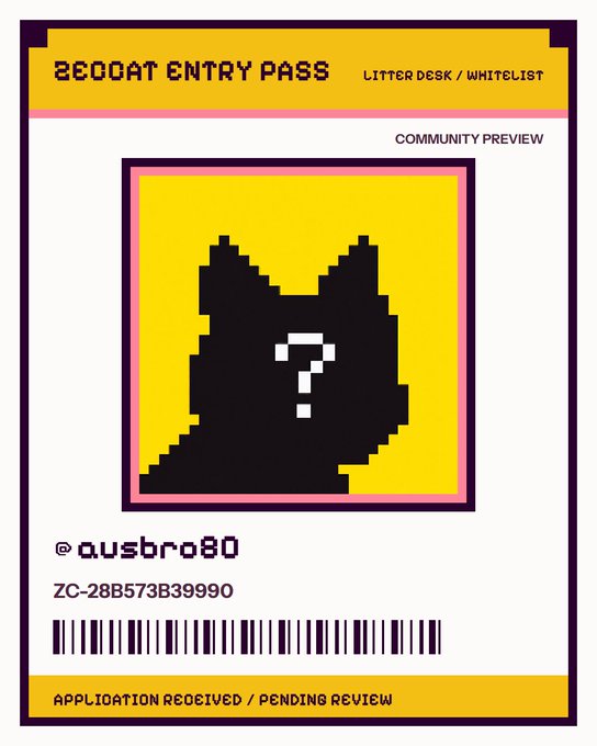 A digital entry pass labeled "BEOGAT ENTRY PASS" for a "COMMUNITY PREVIEW" under "LITTER DESK / WHITELIST," featuring a pixelated cat silhouette with a question mark and marked "APPLICATION RECEIVED / PENDING REVIEW."