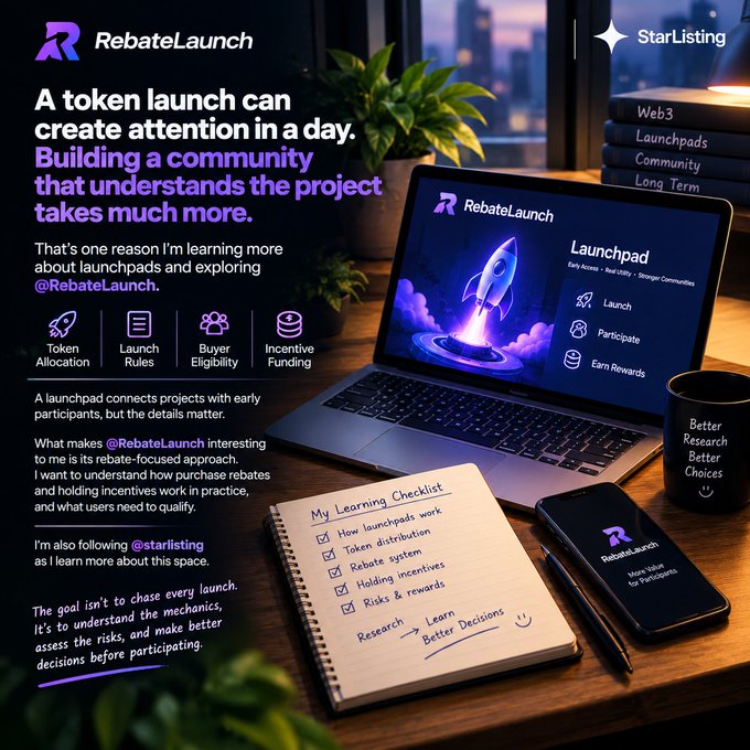 A RebateLaunch promotional graphic describes token launches, launchpads, launch rules, buyer eligibility, and incentive funding alongside a laptop and notebook.