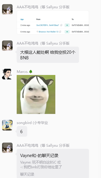 A Discord chat shows user "AAA不吃鸡鸡" sharing a blockchain transaction record of 13 BNB sent to an address, followed by messages "大捐这人能处啊 给我空投20个BNB" and "Vayne和-的聊天记录" joking about wiring money to the wrong address—directly illustrating the post's story of accidentally sending funds to the wrong (but fortunately friendly) recipient.