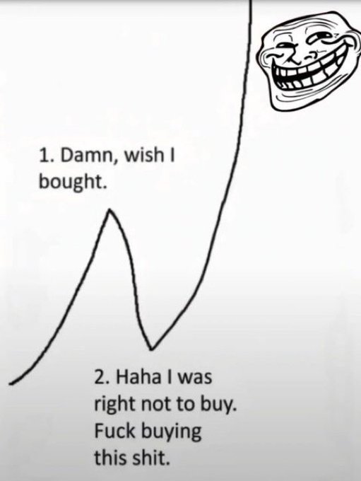 The image features a meme with a cartoon face, which appears to be a troll or an evil character. Below the troll's face, there are two lines drawn on a white background that say "DAMN, wish I bought." The text is written in black marker and is positioned above the troll's face. Below this, there is another line of text that says "2. Ha ha, was right not to buy. Fuck buying this shit.", which is also written in black marker.
