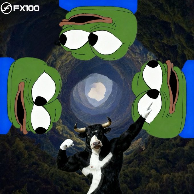 A surreal digital artwork featuring a muscular cow-headed humanoid posing in front of a swirling vortex, surrounded by three large Pepe the Frog faces in various expressions.