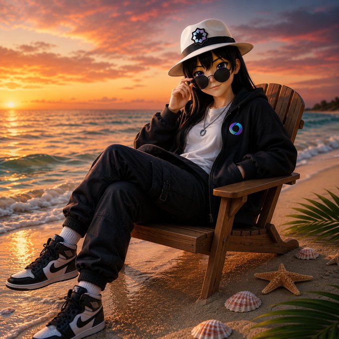 An anime-style character wearing a fedora, sunglasses, and a black hoodie lounges on a wooden beach chair at sunset, projecting a calm, unbothered confidence that mirrors the post's "stay bullish" energy amid crypto market chaos. Starfish and seashells scattered along the shore reinforce the "shining through the chaos" message, while the character's relaxed pose embodies the resilient "Stay Soneiun / Startale" attitude.
