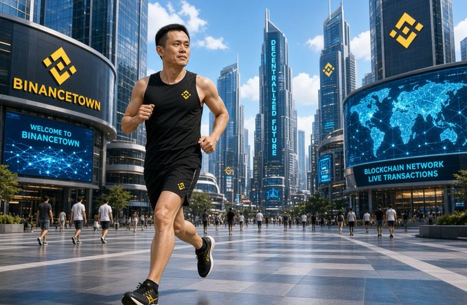 A man in black athletic wear runs through a futuristic city plaza featuring large digital billboards advertising "BINANCETOWN" and "BLOCKCHAIN NETWORK LIVE TRANSACTIONS."
