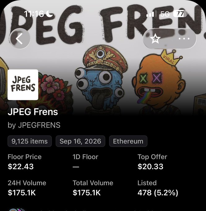 A mobile screenshot of the 'JPEG Frens' NFT collection page on Ethereum showing 9,125 items with a floor price of $22.43 and 24H volume of $175.1K.