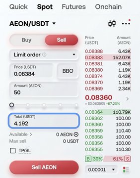 A screenshot of the OKX exchange trading interface showing a sell order for AEON/USDT at a price of 0.08384, with an order book displaying current bids and asks (e.g., 6.43K, 152.07K AEON) and a total value of 4.192 USDT. This illustrates the OKX platform now available to users in Bangladesh, as promoted in the accompanying post.