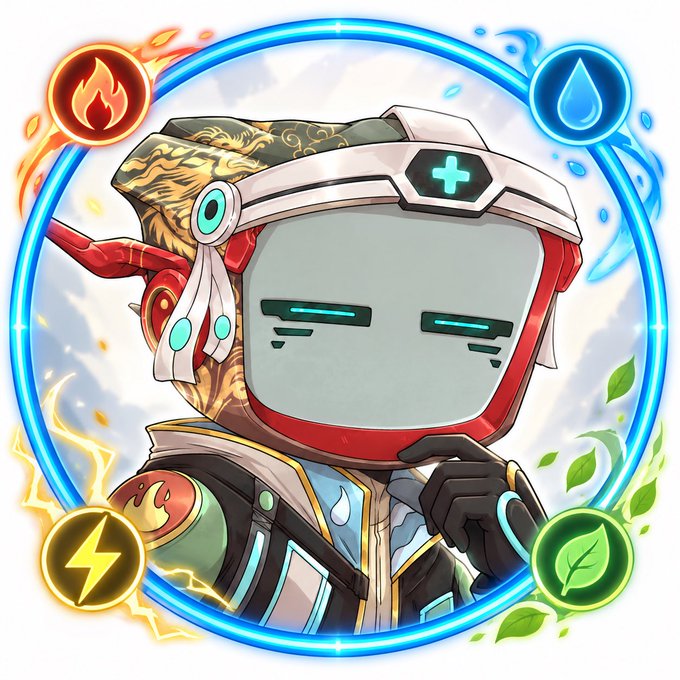 A cartoon-style avatar wearing a futuristic helmet with cyan eyes, surrounded by elemental symbols (fire, water, lightning, nature) in a glowing blue circular frame.