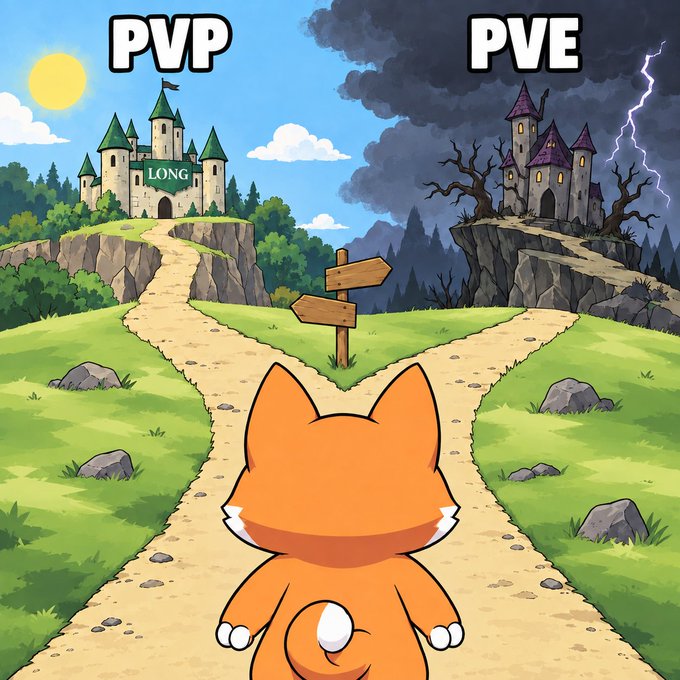 A cartoon illustration depicts an orange cat viewed from behind at a fork in a dirt path; the left path leads to a bright, sunny castle labeled "PVP", while the right path goes to a dark, stormy castle labeled "PVE".
