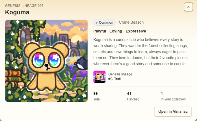 A digital profile card introduces "Koguma," a Common Crane Season chimpanion from Genesis Lineage #6 Tedi, described as a "Playful · Loving · Expressive" curious cub who loves collecting stories. The image shows Koguma's character art—a bear-like creature with rainbow starry eyes in a forest setting—along with collection stats showing 99 total, 41 hatched, and 1 in your collection.