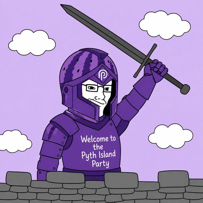 A purple knight wearing armor emblazoned with "Welcome to the Pyth Island Party" raises a sword triumphantly from behind a stone wall against a lavender sky with clouds, depicting the Pyth Network's celebratory branding. The image complements the post's message by visually representing the "Pyth Island Party" as a fortress defended by the network, which receives first-party price data directly from major exchanges and trading firms.