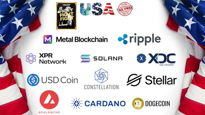 The image features a poster with an American flag behind it, displaying various logos of cryptocurrency companies such as Ripple, Solarana, Cardano, and others. The text "US Coin Roundup" suggests that this event is focused on promoting solid U.S.-based coins beyond Bitcoin.