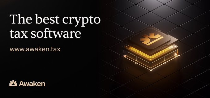 An advertisement banner for Awaken tax software with the tagline 'The best crypto tax software' and the URL www.awaken.tax, displayed alongside a glowing golden microchip graphic on a black background.