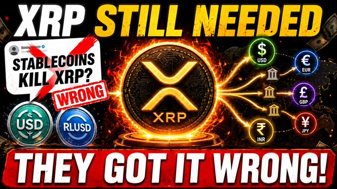 A YouTube thumbnail featuring a fiery XRP coin at the center, with bold text reading "XRP STILL NEEDED," "STABLECOINS KILL XRP? WRONG," and "THEY GOT IT WRONG!" alongside currency symbols (USD, EUR, GBP, JPY, INR) and stablecoin logos (USDC, RLUSD), visually reinforcing the post's claim that stablecoins don't threaten XRP but instead highlight its role as a bridge currency.