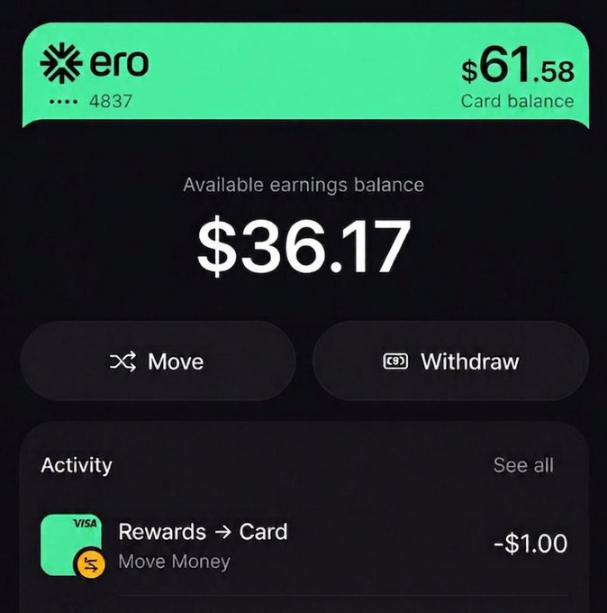 A dark-themed mobile app screen for an account named 'ero' showing a card balance of '$61.58' and an available earnings balance of '$36.17', with options to 'Move' or 'Withdraw'.