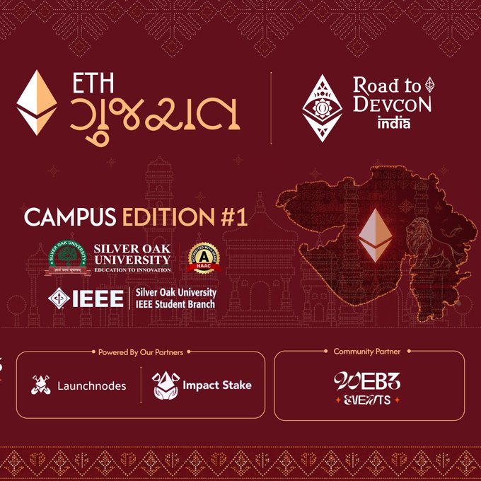 An event poster for 'ETH Gujarat' Campus Edition #1, presented as 'Road to DevCon India' in partnership with IEEE Silver Oak University.