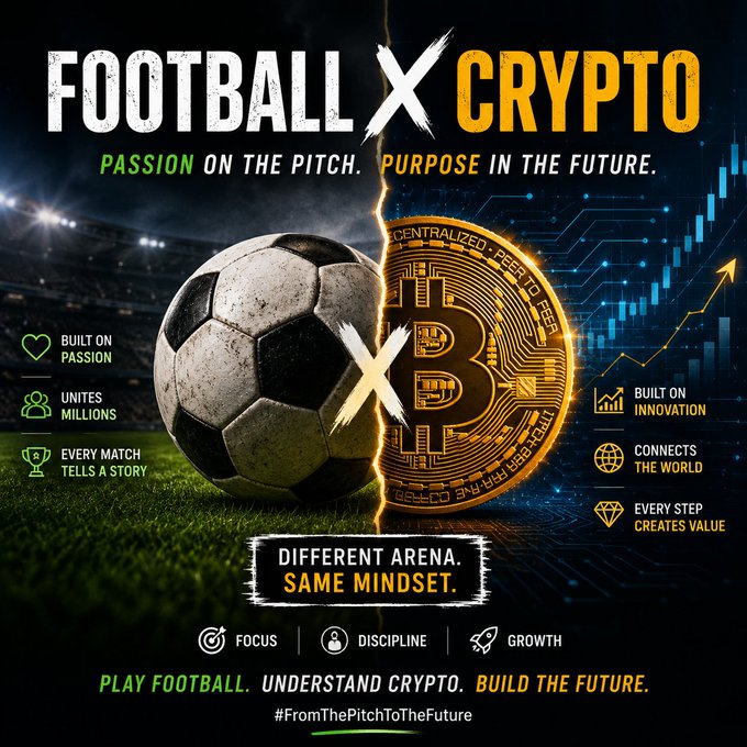 Promotional graphic titled 'Football x Crypto' with the tagline 'Passion on the Pitch. Purpose in the Future,' showing a soccer ball and Bitcoin coin split down the middle, with hashtags #FromThePitchToTheFuture.