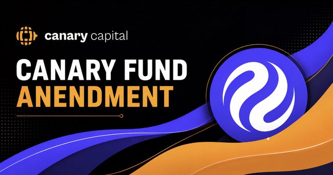 A promotional graphic for Canary Capital announces 'CANARY FUND ANENDMENT' (likely a typo for 'Amendment') alongside a blue and white logo on a black background with orange and purple accents.