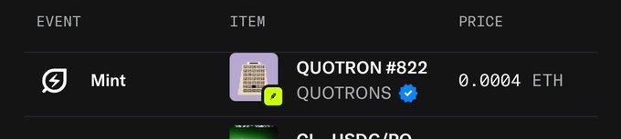 The image shows a transaction table displaying a "Mint" event for QUOTRON #822 from the QUOTRONS collection at a price of 0.0004 ETH, which aligns with the post questioning how someone minted a Quotrons NFT at this unusually low price compared to the 2.23 ETH floor price.