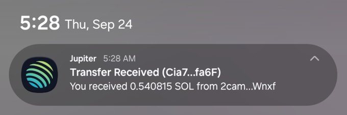 An iOS notification from Jupiter wallet showing 'Transfer Received (Cia7...fa6F)' indicating receipt of 0.540815 SOL from address '2ccam...Wnxf', timestamped Thursday, September 24 at 5:28 AM.