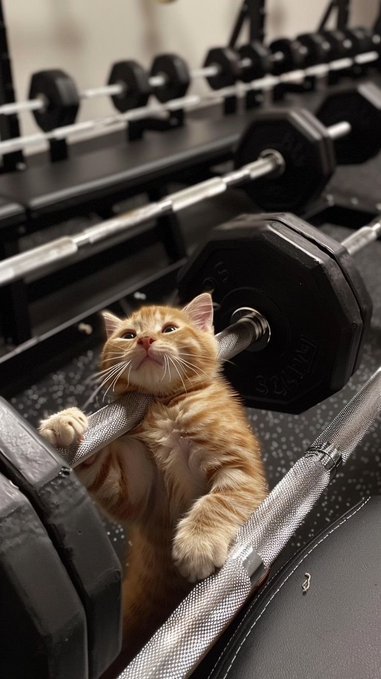An orange tabby kitten playfully grips a dumbbell on a gym rack, with "45" and "STANDARD" visible on the weight plates. The image humorously contrasts the heavy-lifting theme of the post about @NomismaNetwork's growing, multi-functional Web3 ecosystem, suggesting the project's robust and balanced "muscle" across DeFi, AI, and on-chain apps.
